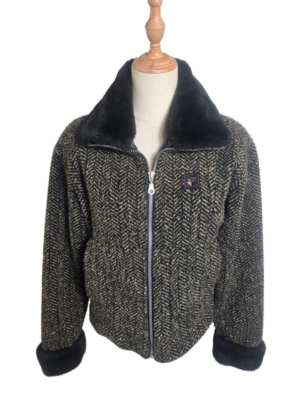 Metrpolis By Coulour Vintage Black Brown Herringbone Jacket with Faux Fur Collar